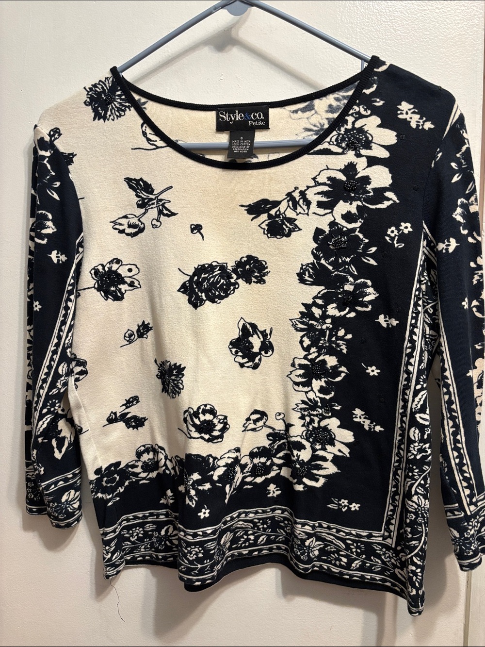 Style & Co. Black and Cream Floral Crew Neck Long-Sleeve Top